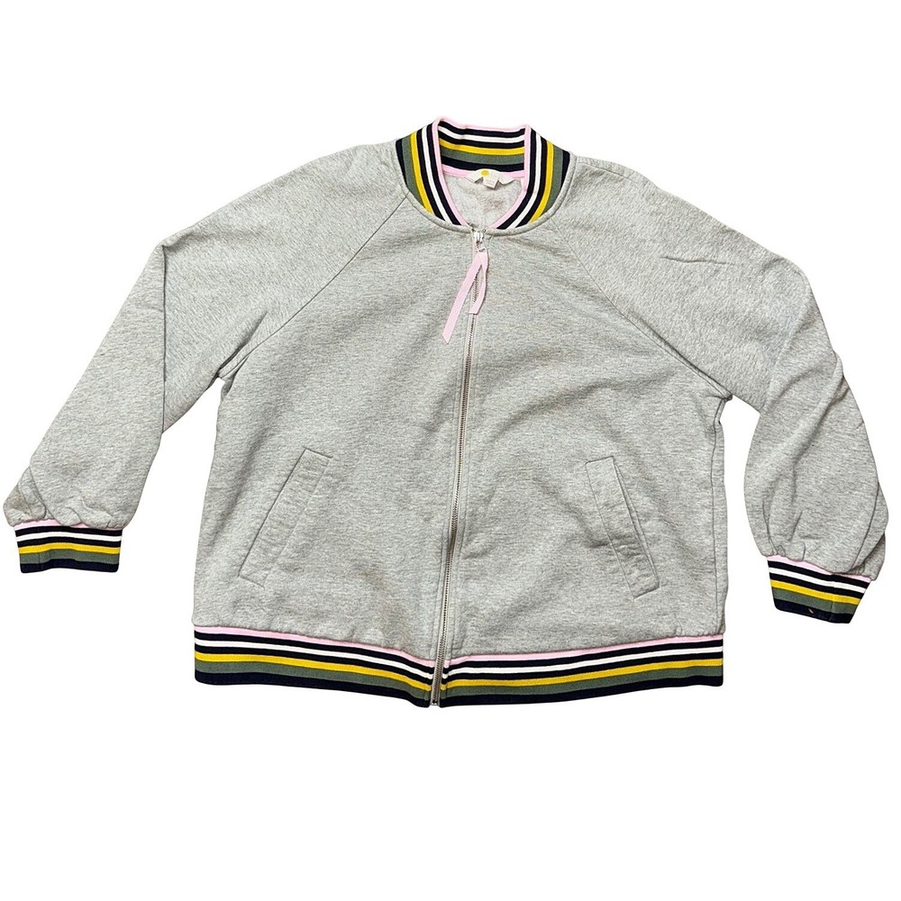Boden Women XL Gray Marl Zip Bomber Jacket Striped Ribbed Trim Raglan Sleeves